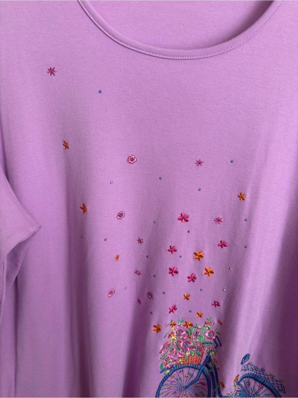 Quacker Factory Botanical Bicycle Embroidered Rhinestone Top XL Purple Whimsical - Picture 4 of 16